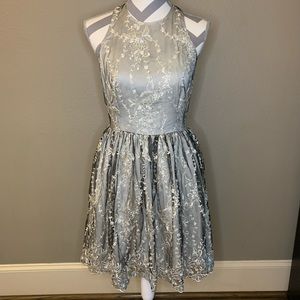 Bebe Silver Sequin A-Line Cocktail Dress